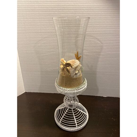 Beach Scene w Shells & Myrtle Beach Sand in Vase on White Metal Wire Stand - Picture 1 of 10